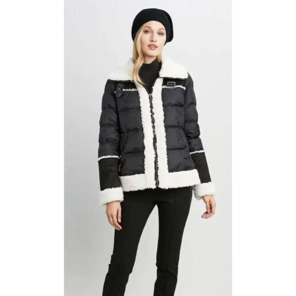 Tahari Black Puffer Jacket with White Faux-Shearling Trim